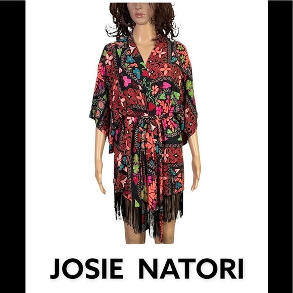 Josie Natori black print fringe belted short kimono coverup robe XS